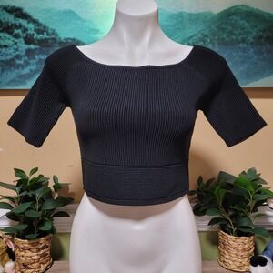 Endless Rose Black Ribbed Boat Neck Cropped Top Short Sleeve‎ Zipper  Size S new